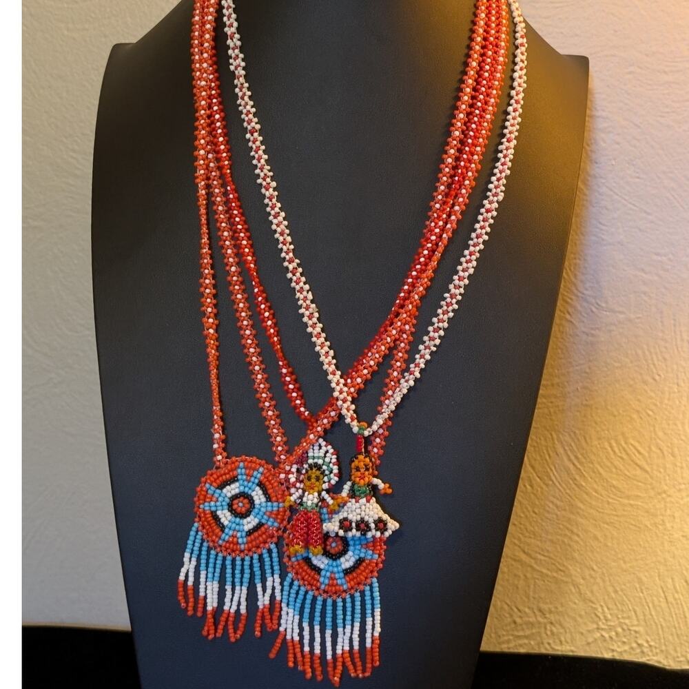 Lot of Four Native American Hand Beaded Seed Bead Vintage 70s Necklaces